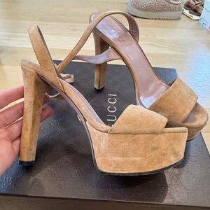 Gucci Tan Suede Platform Slingback Heels 36.5